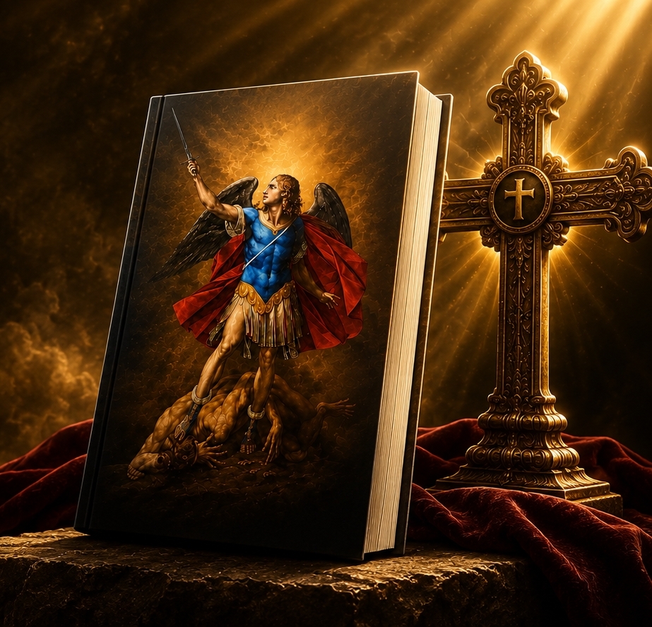Livro Quaresma de São Miguel Arcanjo, edição 2026, com São Miguel Arcanjo, cruz dourada e tecido vermelho